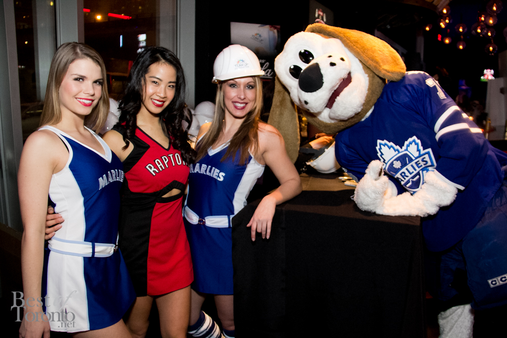 Marlies girls and Ashley, Raptors Dance Pak captain and the Marlies Mascot, Duke the Dog