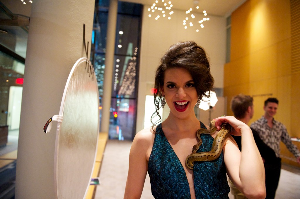 Ambur Braid and her python co-star in the Four Seasons Centre for Performing Arts (photo: Ryan Emberley)