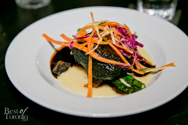 12 Hour Braised Short Rib with potato puree, grilled asparagus, heirloom carrot slaw, natural jus