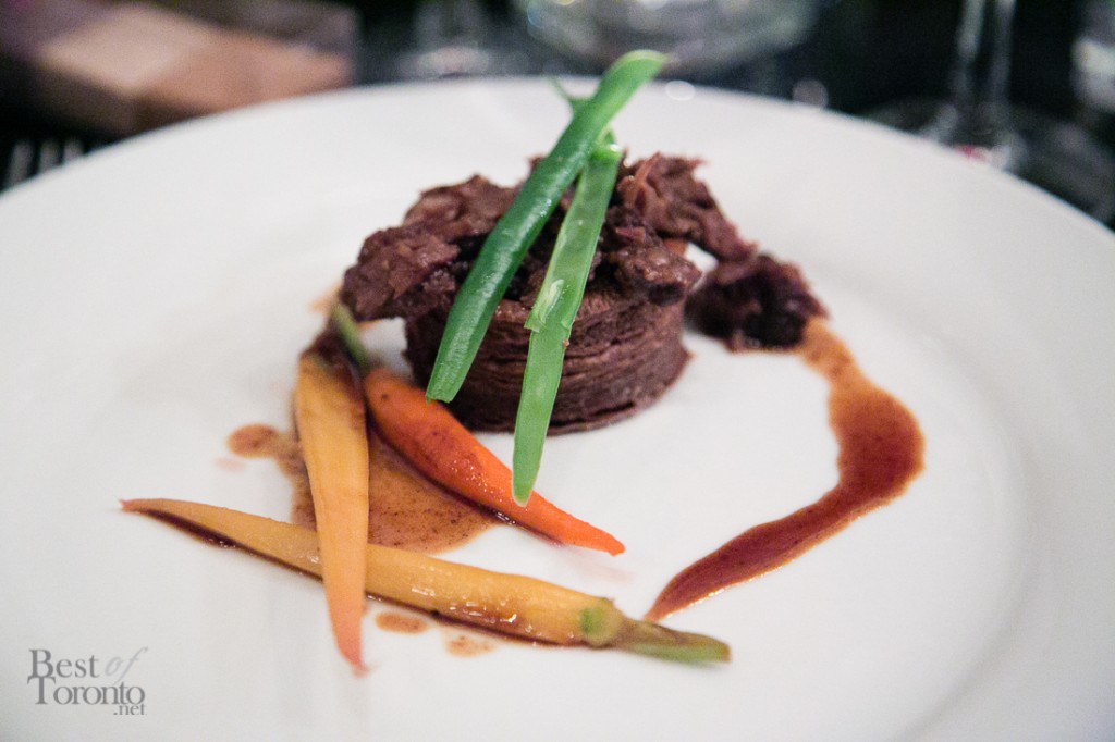 beef pastry with pure Caribbean chocolate, maple glazed baby carrots and asparagus