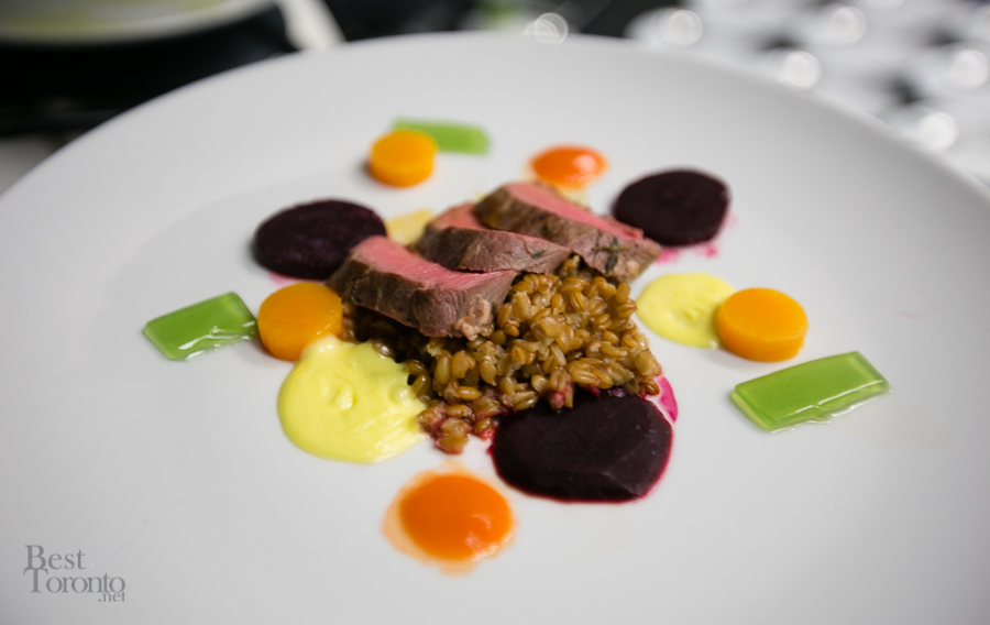 Ontario lamb on risotto with Hollandaise sauce, Uphill Farm vegetables, and mint jelly