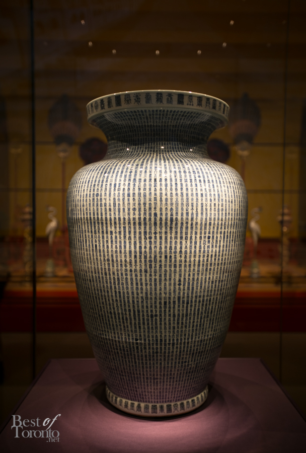 "Jar with Thousand Shou Characters" made of porcelain with underglaze blue. It signifies a wish of 10,000 years of longevity which could only be given to the emperor. This vase was received by Emperor Kangxi on his 60th birthday.