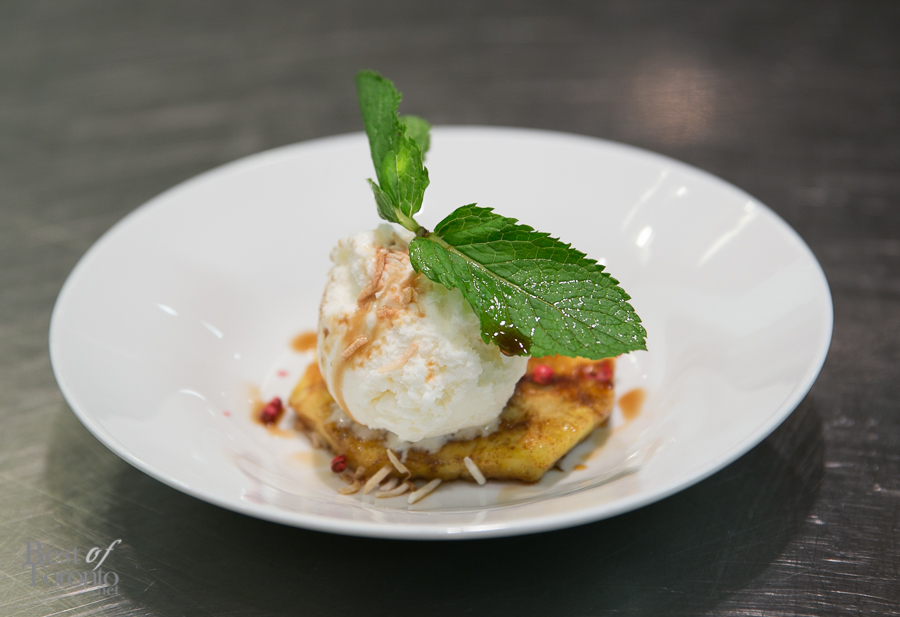 Cinnamon sugar grilled pineapple slice topped with housemade coconut gelato and a pink pepper sauce by Felipe Faccioli, Patrick Fraser and Tulio Lessa (MATA)