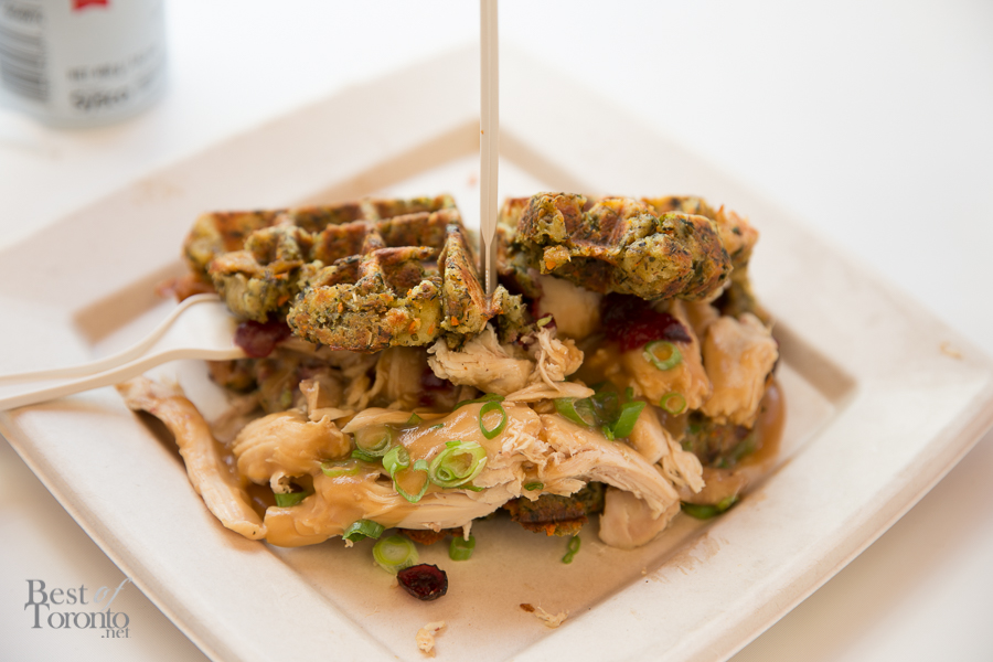 Thanksgiving waffle with turkey, cranberry sauce, and a waffle made out of stuffing.  Drizzled with gravy.  My pick for must-try at this year's CNE