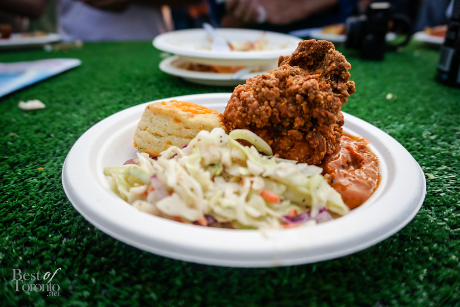 Fried chicken with buttermilk biscuit, housemade slaw, and chipotle BBQ sauce from The McEwan Group's One restaurant