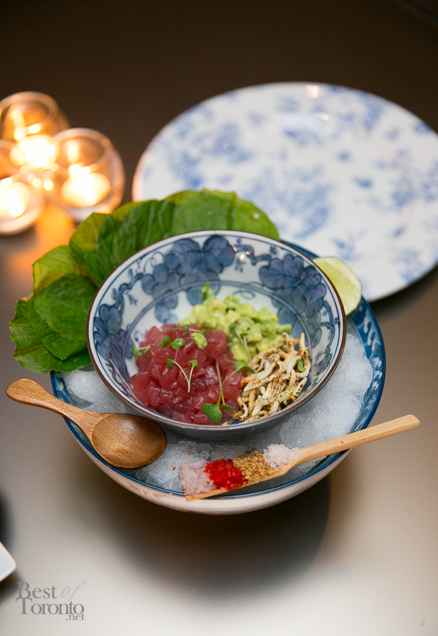 "Tuna Tartar" with wasabi leaf, avocado, puffed rice, wasabi