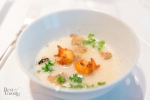 White Corn Soup with salt cod fritters, chervil paired with 2012 Edna Valley Chardonnay, Central Coast (3oz)