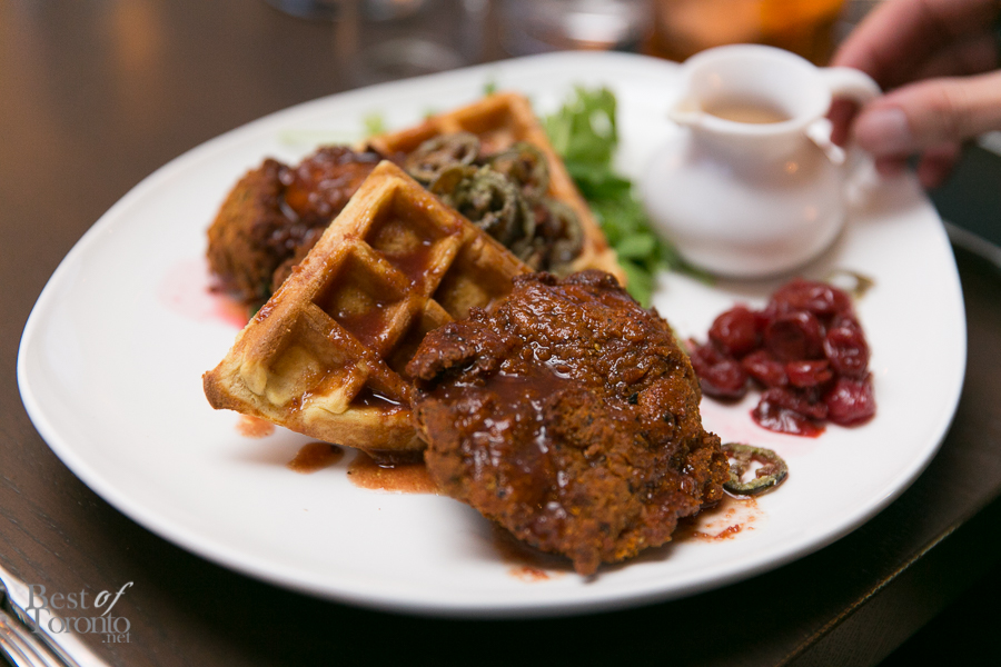 Buttermilk Fried Chicken and Waffles with crispy jalapenos and cherry chutney