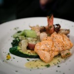 "Seafood Alla Destingo" with grilled jumbo tiger shrimp,squid,wild salmon and scallops in a lemon white wine sauce