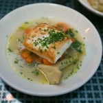 Halibut with artichoke, carrot, fennel, white wine and lemon