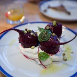 Roasted red beets pistachio with caraway, labneh served with barbari bread