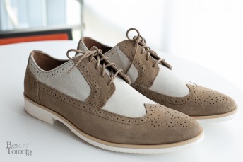 My shot of Stacy Adams oxfords in sand - with an elongated Euro look and brogue details