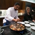Chef Luis Valenzuela (Carmen) making Spanish paella with seafood