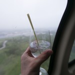 A gin and tonic garnished with fresh lemongrass stem in a helicopter