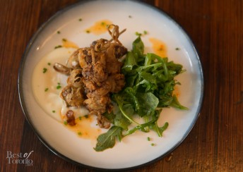 Smoked Crispy Chicken Hearts with Cauliflower Purée, Ancho Chili Oil, Smoked Pecans