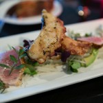 Japanese style octopus yakatori w. Seared tuna, avocado,cilantro, jicama, sesame at Bijou Restaurant