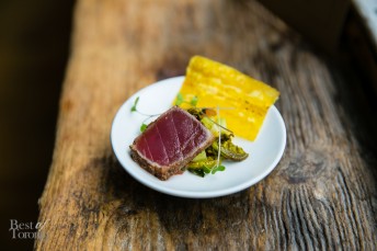 "Jerk Seared Ahi Tuna", Charred corn-compressed watermelon salad, crispy plantain