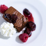 Dark chocolate brownies with sour cherry compote