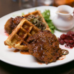 Buttermilk Fried Chicken and Waffles with crispy jalapenos and cherry chutney