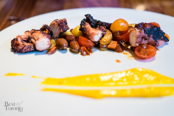 Polipo grigliato | Grilled octopus with fingerling potato, chorizo sausage, black olive, cherry tomato and saffron aioli