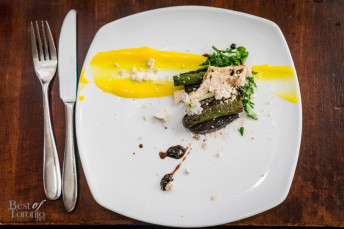 Seal loins, vanilla parsnip puree, blueberry gastrique, meringue