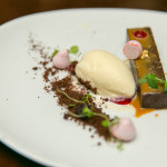 Dessert Course: Tonka bean chocolate bar, sour cherry meringue, dulce de leche, berry gel, oatmeal ice cream