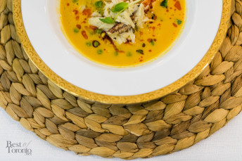 East Coast Road Trip | lobster & corn chowder, butter poached lobster & crab, Ontario peas, leeks, shallots, smoked paprika oil, pea shoots