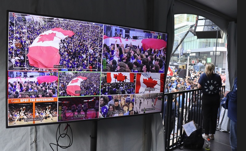 Backstage at Maple Leaf Square watch TV feeds