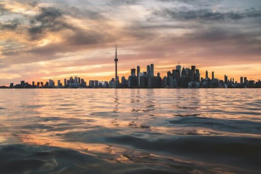 Toronto skyline at sunset.